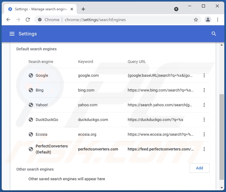 Removing perfectconverters.com from Google Chrome default search engine