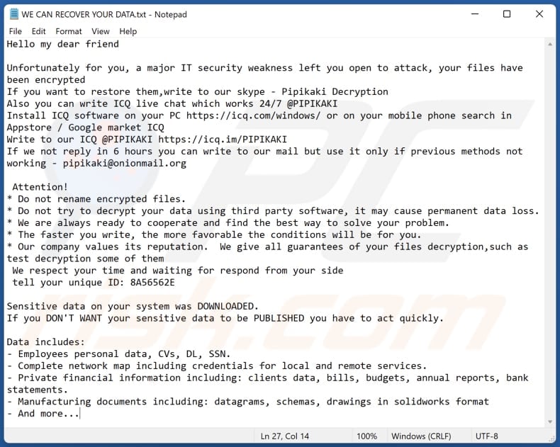 Pipikaki ransomware text file (WE CAN RECOVER YOUR DATA.txt)