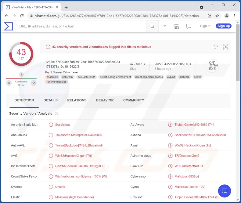 Prynt Stealer malware detections on VirusTotal