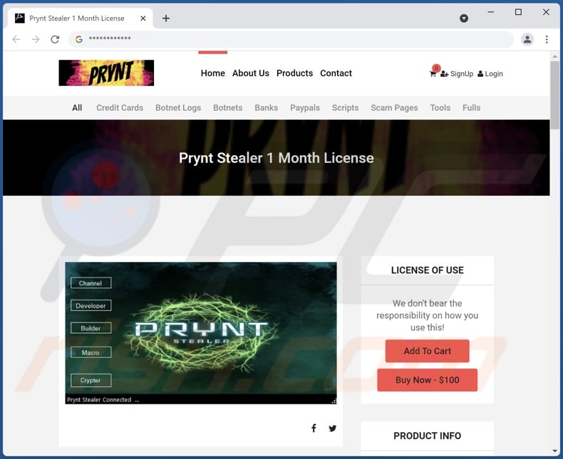 Prynt Stealer malware promoting website