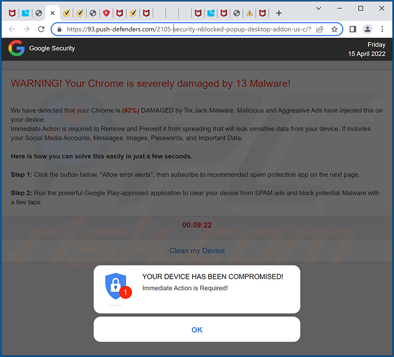 push-defenders.com promoting Your Chrome is severely damaged by 13 Malware scam