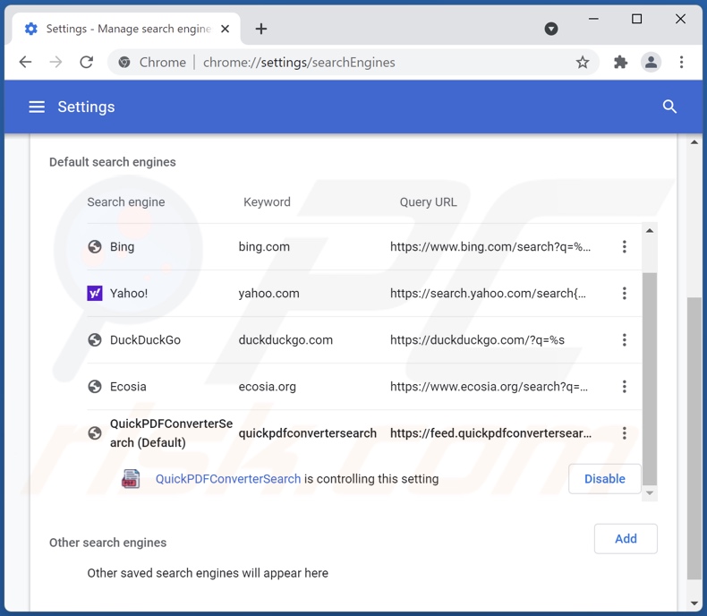 Removing quickpdfconvertersearch.com from Google Chrome default search engine