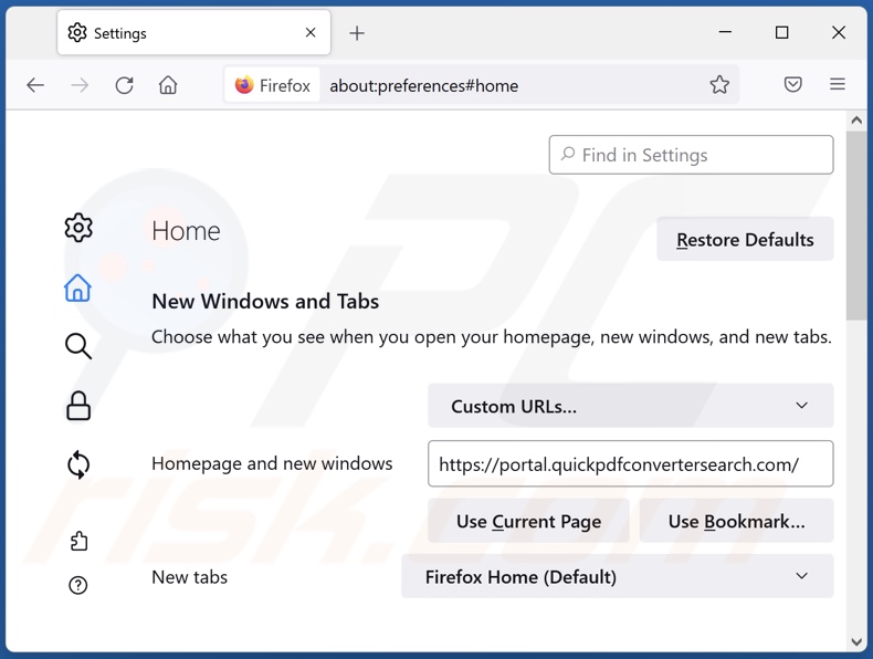Removing quickpdfconvertersearch.com from Mozilla Firefox homepage