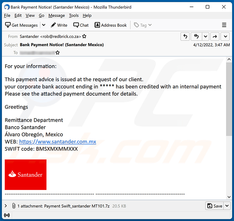 Santander-themed spam email used to spread Agent Tesla