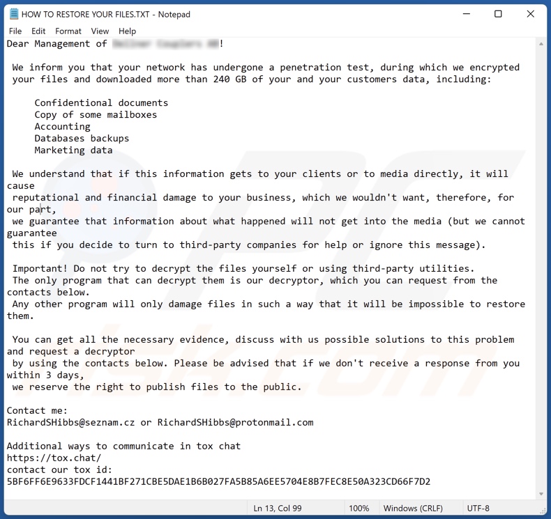 Sdhvqq ransomware ransom-demanding message (HOW TO RESTORE YOUR FILES.TXT)