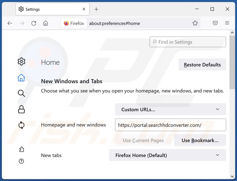 Removing searchhdconverter.com from Mozilla Firefox homepage