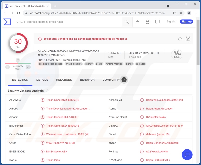 SECRETO PROFESIONAL Y CONFIDENCIAL attachment detections on VirusTotal (FRACCIONAMIENTO_1722403906461L.exe)