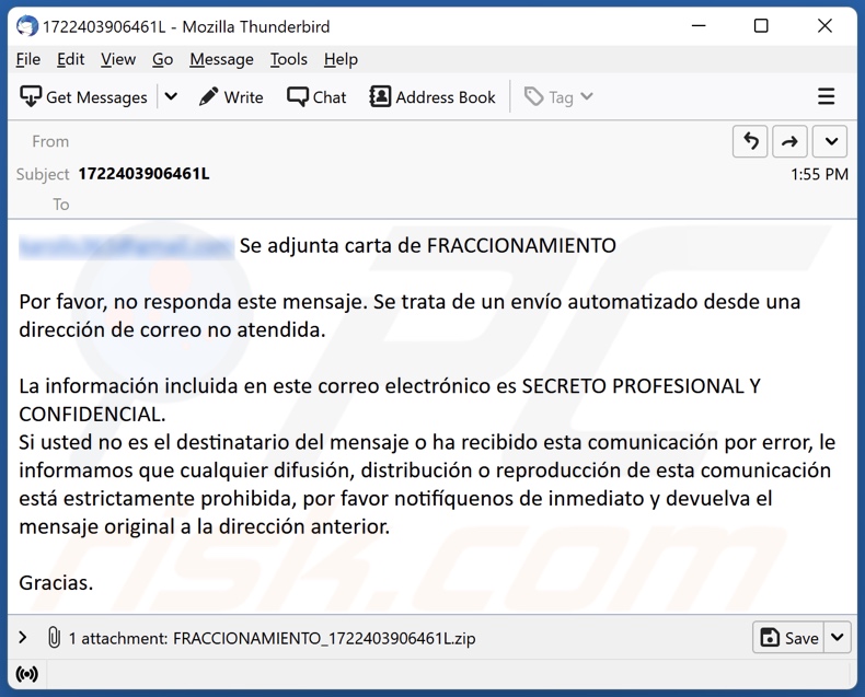 SECRETO PROFESIONAL Y CONFIDENCIAL email spam campaign