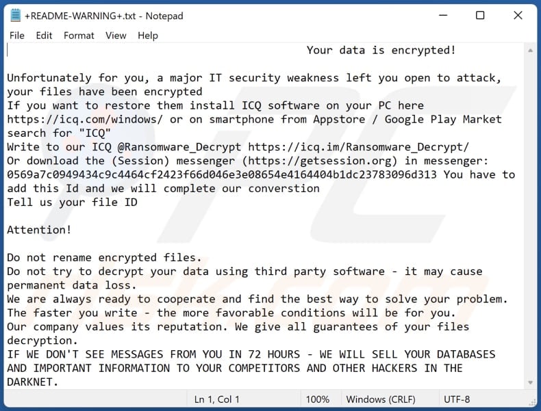 Session ransomware text file (+README-WARNING+.txt)