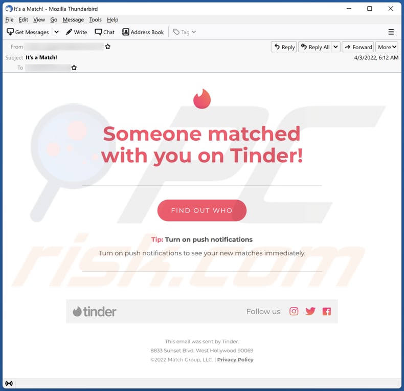 Someone matched with you on Tinder! email scam