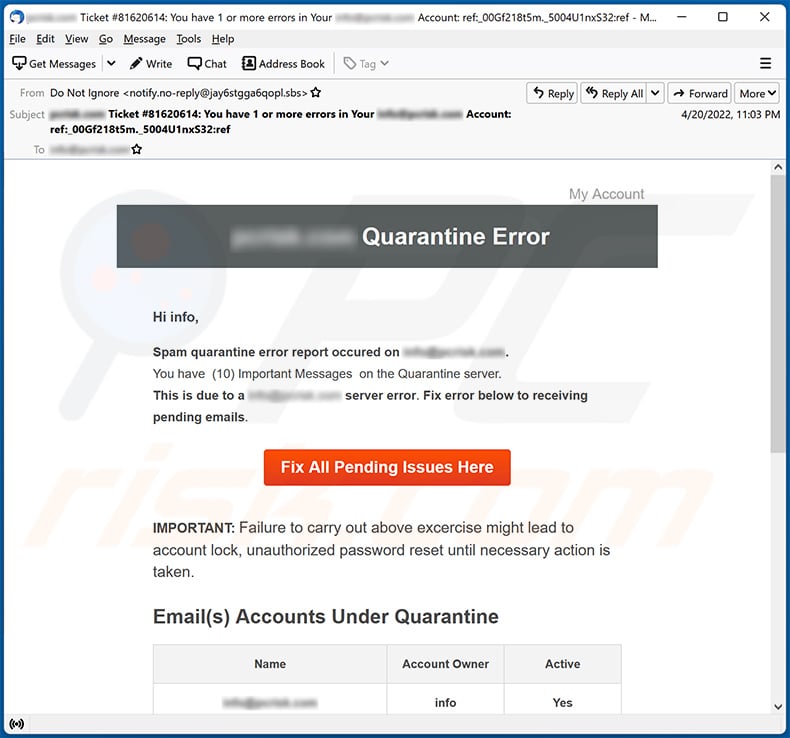 Email Spam Quarantine-themed scam (2022-04-26)