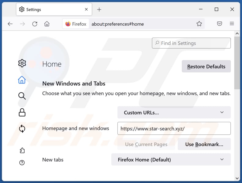Removing star-search.xyz from Mozilla Firefox homepage