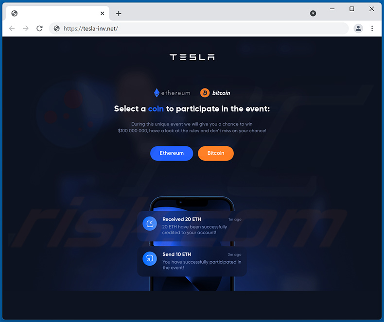 Tesla giveaway-themed scam website (tesla-inv[.]net)