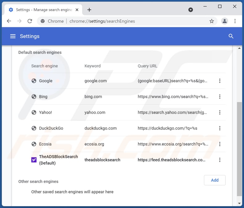 Removing theadsblocksearch.com from Google Chrome default search engine