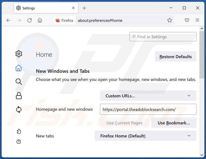 Removing theadsblocksearch.com from Mozilla Firefox homepage