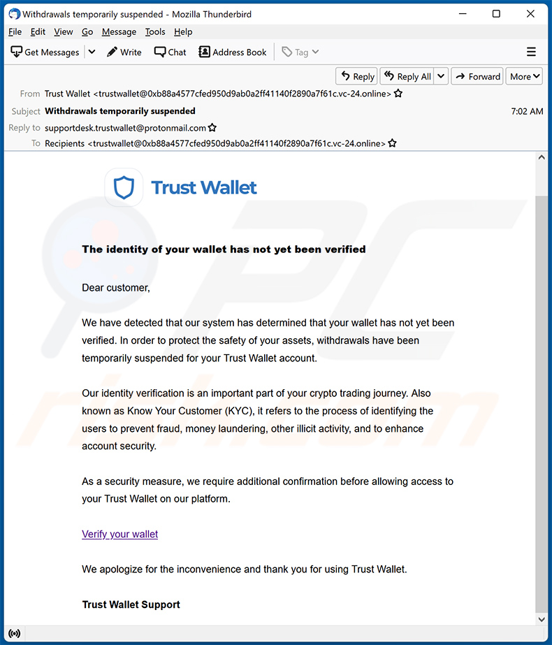 Trust Wallet-themed spam email promoting a phishing site (2022-04-26)