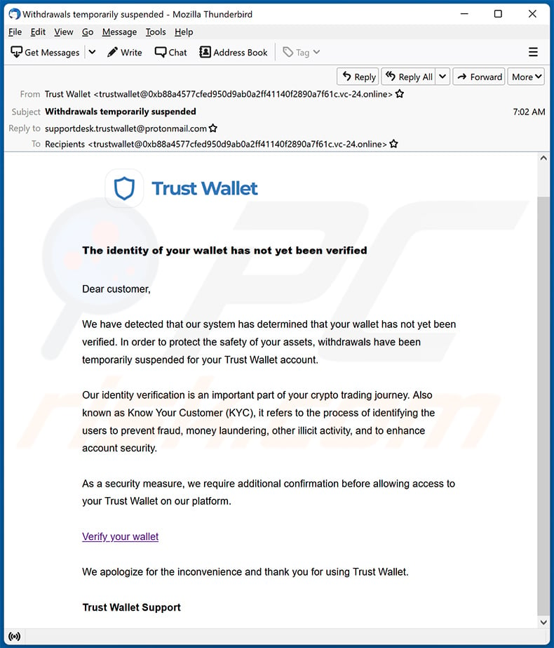 Trust Wallet-themed spam email promoting a phishing site (2022-04-26)