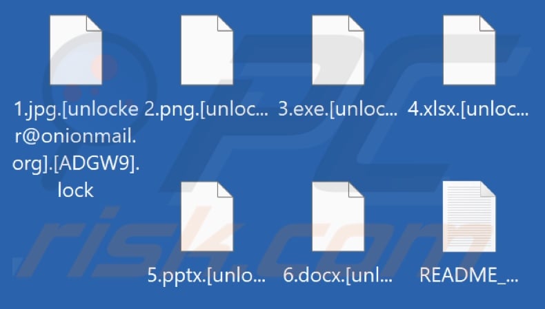 Files encrypted by Unlocker ransomware (.[unlocker@onionmail.org].[victim's_ID].lock extension)