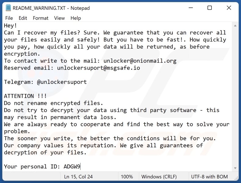 Unlocker ransomware ransom-demanding message (README_WARNING.TXT)