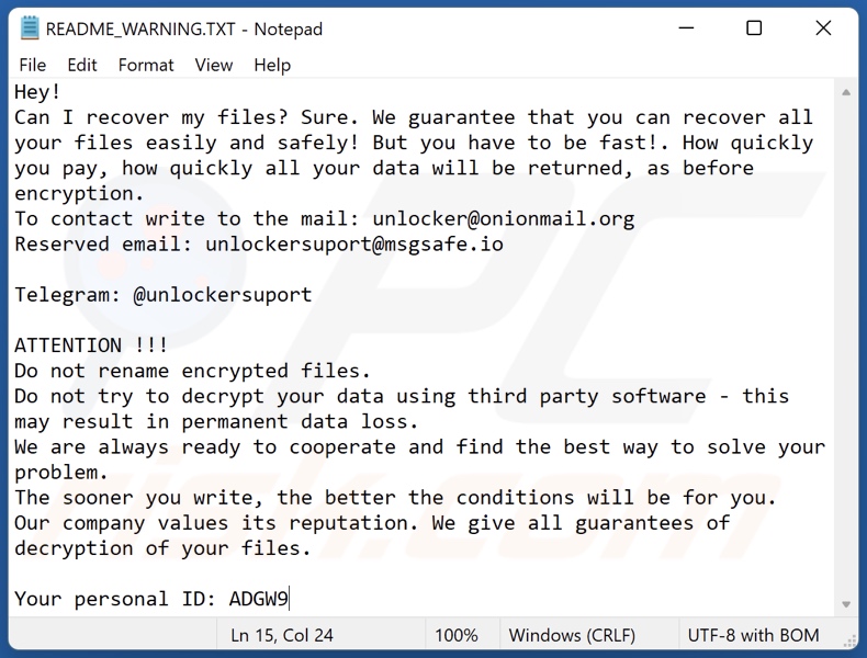 Unlocker ransomware ransom-demanding message (README_WARNING.TXT)