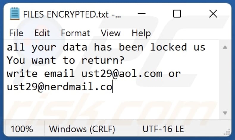 Ust29 ransomware ransom note (FILES ENCRYPTED.txt)