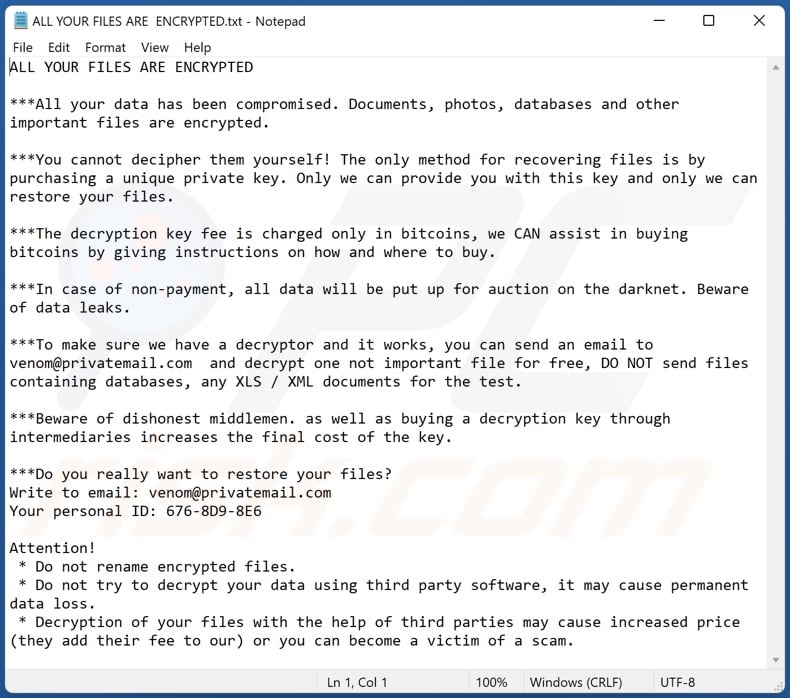 Venom ransomware ransom-demanding message (ALL YOUR FILES ARE  ENCRYPTED.txt)