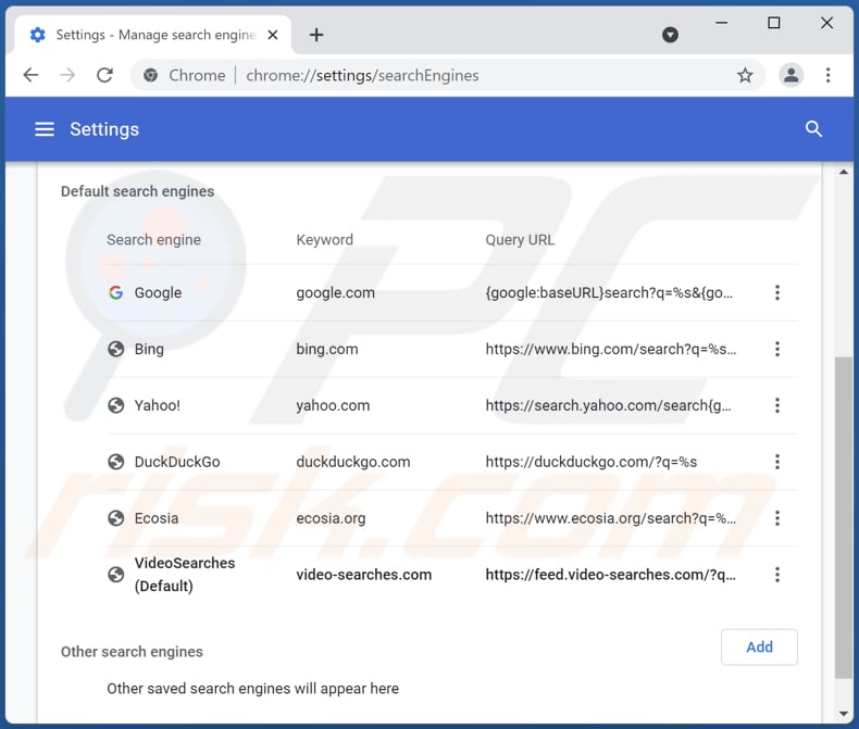 Removing video-searches.com from Google Chrome default search engine