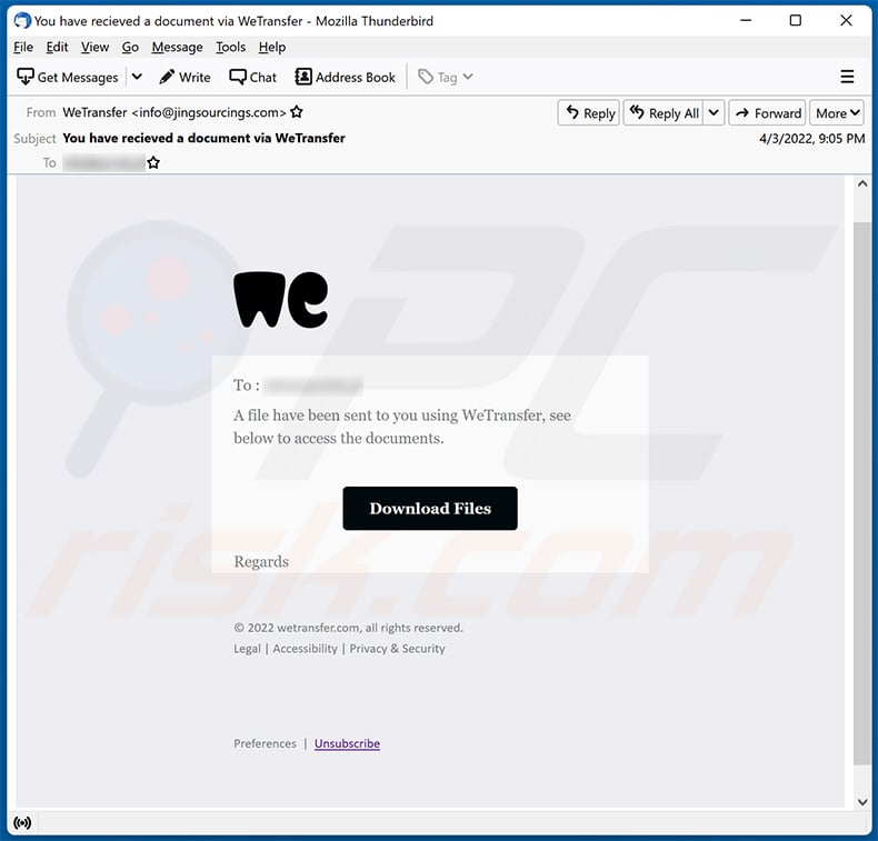 WeTransfer-themed spam email (2022-04-04)