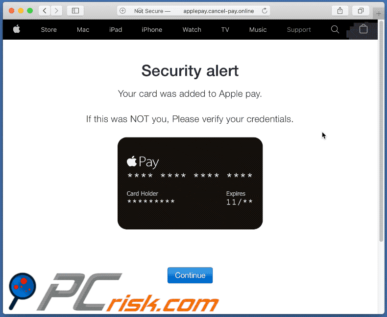 Appearance of Your card was added to Apple pay scam (GIF)