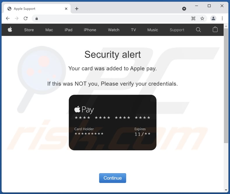 Your card was added to Apple pay scam website