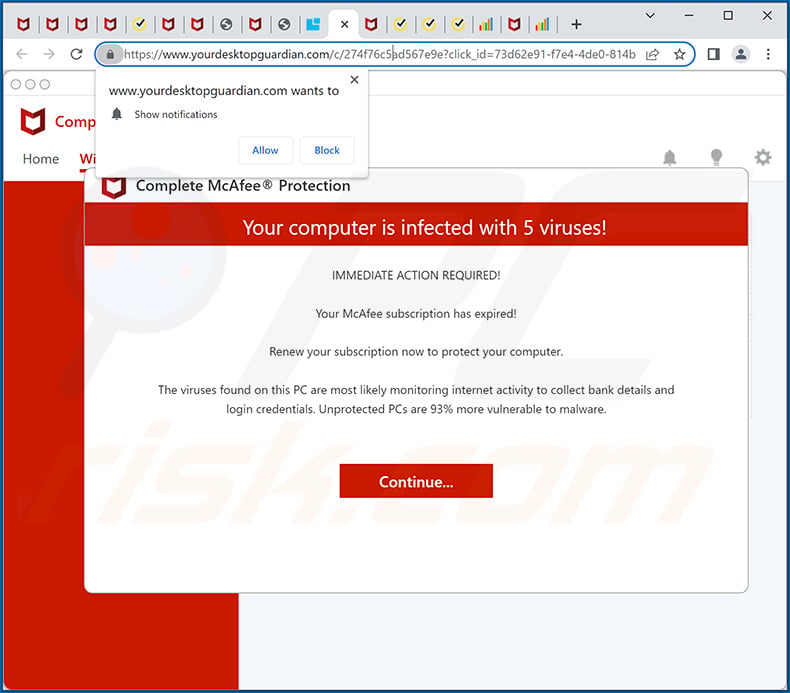 yourdesktopguardian.com promoting Your McAfee Subscription Has Expired pop-up scam