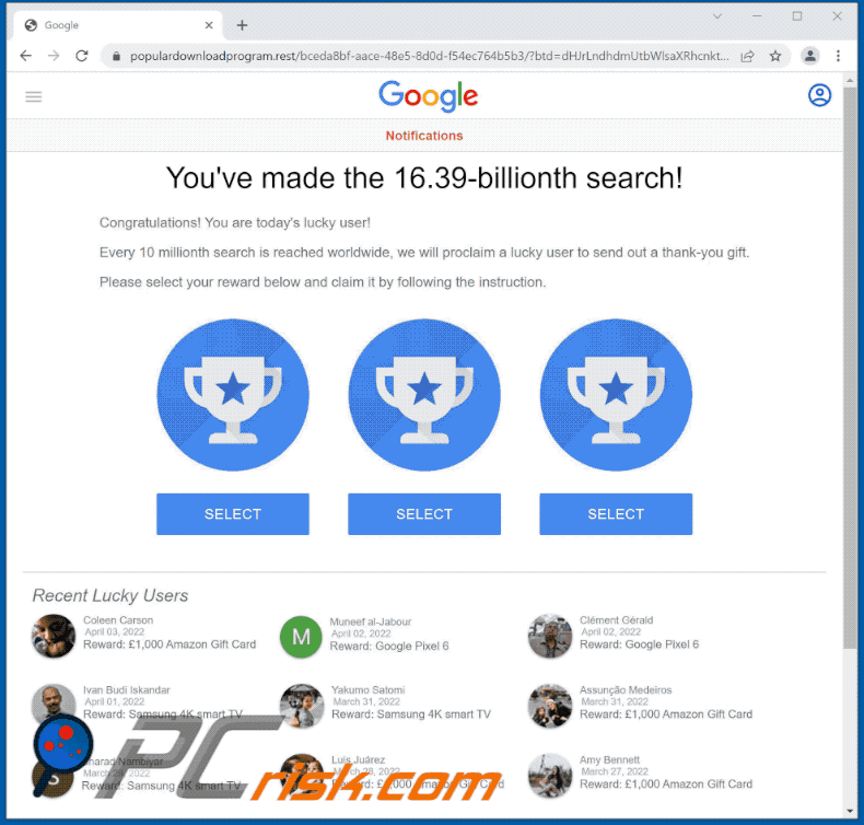 Appearance of You've made the 16.39-billionth search! scam (GIF)