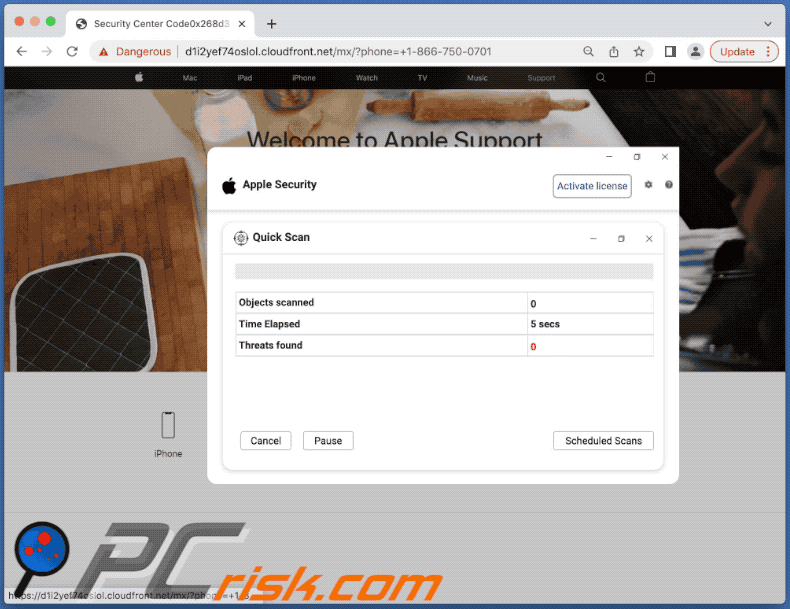 apple defender security center pop-up scam appearance