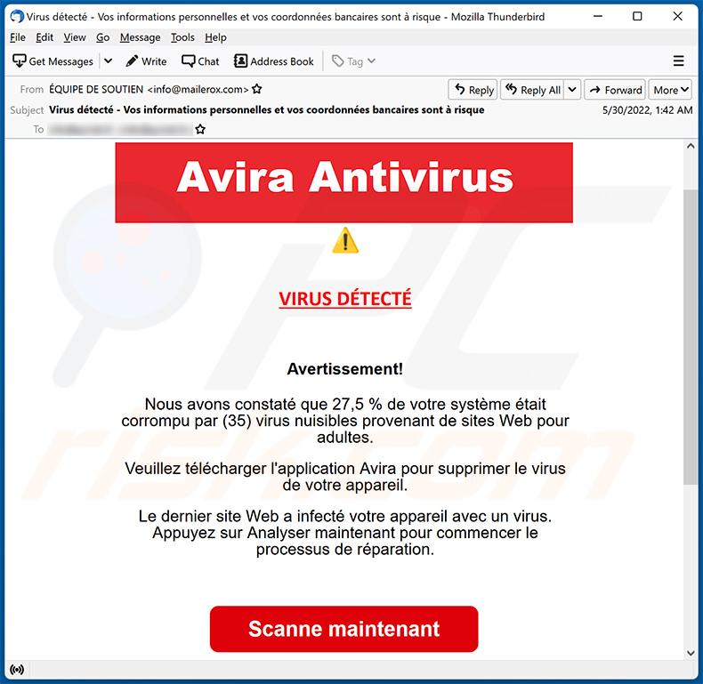 अवीरा एंटीवायरस-थीम वाले स्पैम ईमेल के फ्रांसीसी संस्करण