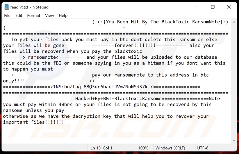 BlackToxic ransomware ransom-demanding message (read_it.txt)