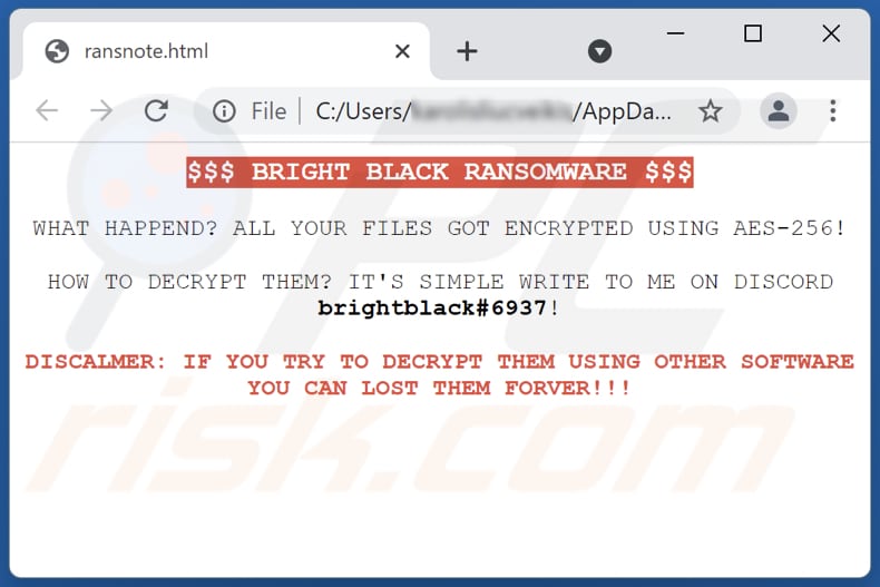 Bright Black ransomware html file (ransnote.html)