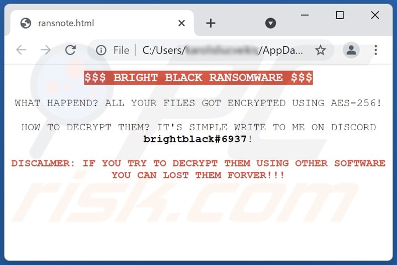 Bright Black ransomware html file (ransnote.html)