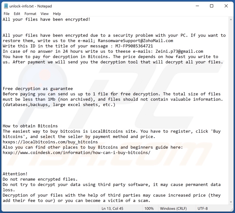 BTC (VoidCrypt) ransomware ransom-demanding message (unlock-info.txt)