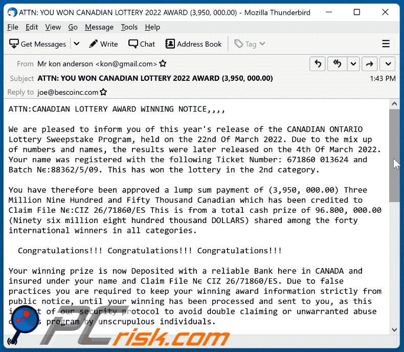 canadian lottery email scam appearance