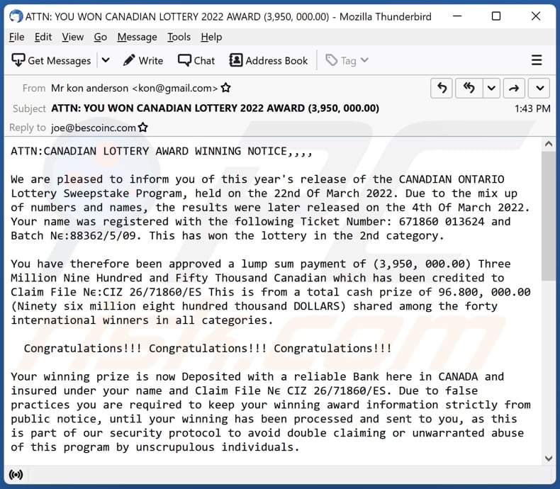 CANADIAN LOTTERY email scam