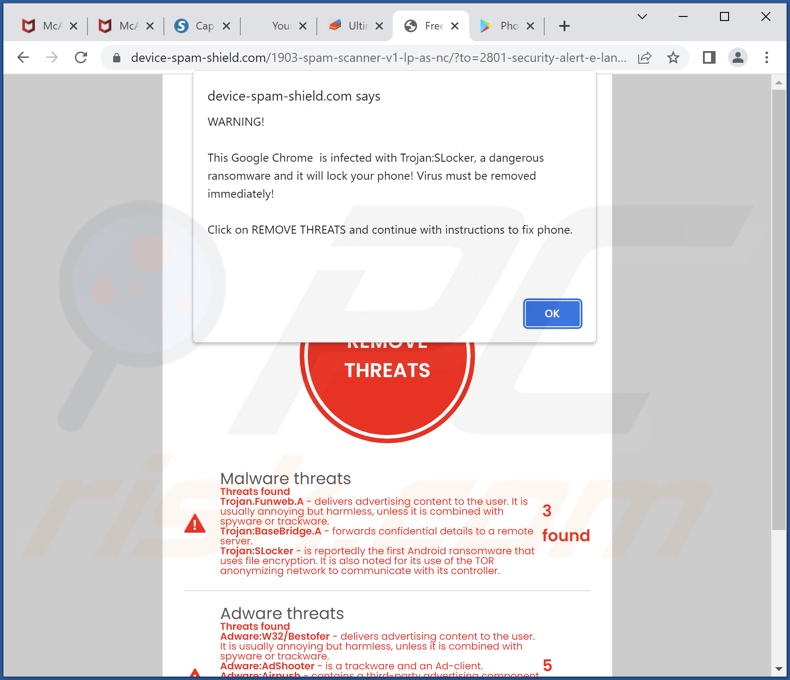 Chrome is infected with Trojan:SLocker scam fake scan results and pop-up