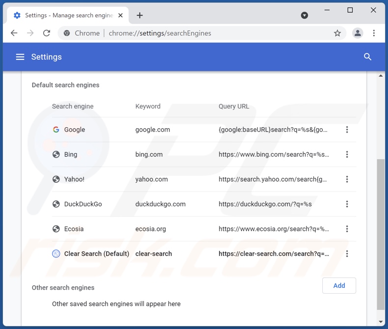 Removing clear-search.com from Google Chrome default search engine