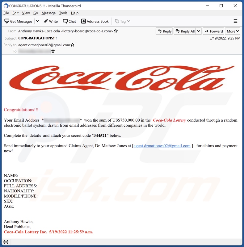 Coca Cola Lottery email spam campaign