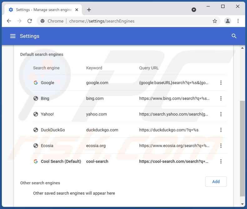 Removing cool-search.com from Google Chrome default search engine