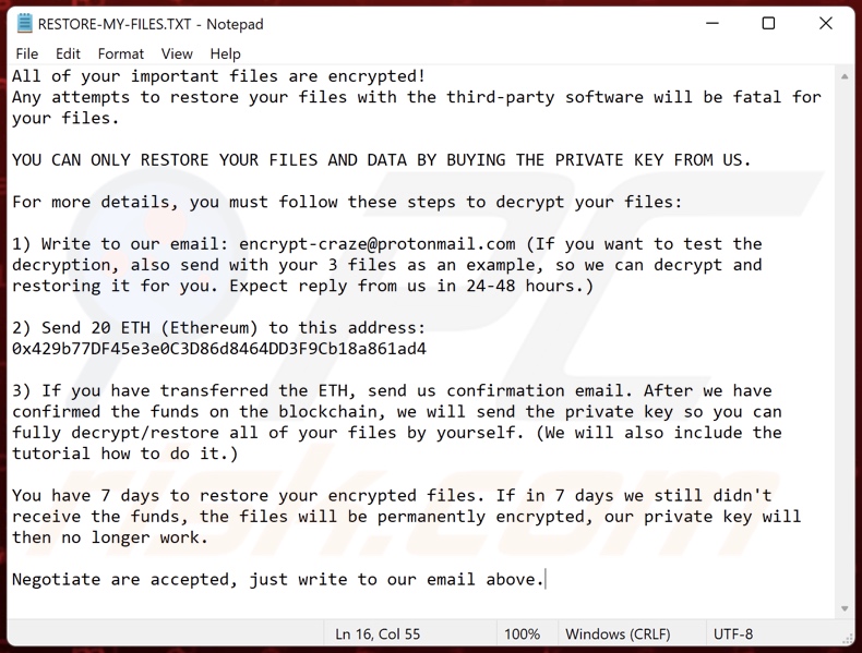 Craze ransomware ransom-demanding message (RESTORE-MY-FILES.TXT)