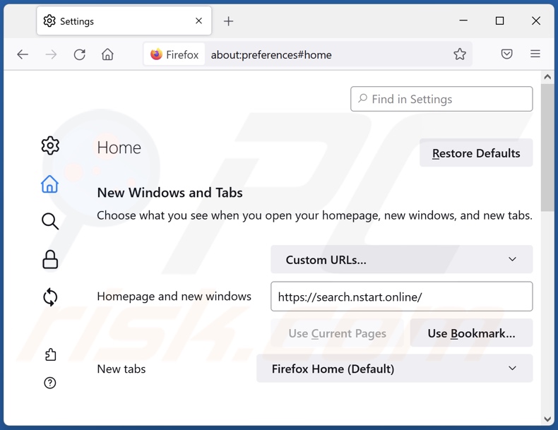 Removing search.nstart.online from Mozilla Firefox homepage