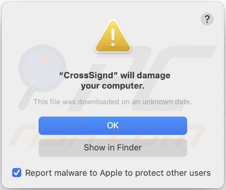 Pop-up displayed when CrossSign adware presence is detected