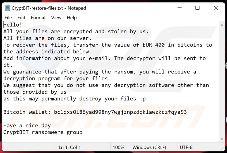 CryptBIT ransomware text file (CryptBIT-restore-files.txt)