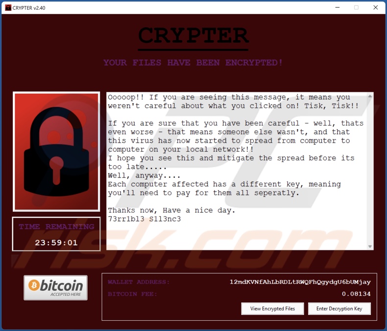 CRYPTER v2.40 ransomware ransom-demanding message (pop-up)