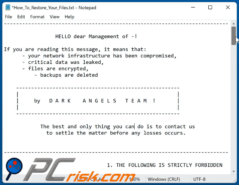 Dark Angels Team ransomware ransom-demanding message (How_To_Restore_Your_Files.txt) GIF